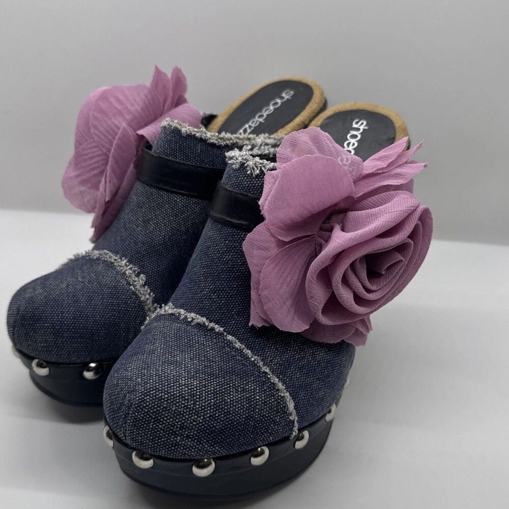 ShoeDazzle Women’s Denim Mule Clogs Pink Flower Platform Heels Studded Size 7 - Picture 3 of 11